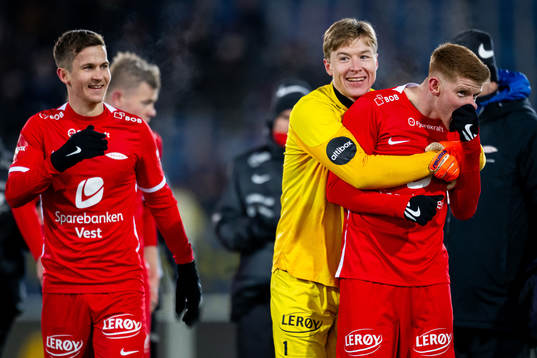 Goalkeeper Mathias Dyngeland and Thore Pedersen of Brann