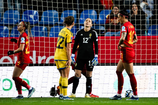 Goalkeeper Jennifer Falk of Sweden looks dejected