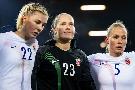 Goalkeeper Aurora Mikalsen and Guro Bergsvand of Norway