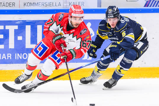 Frölundas Jayden Halbgewachs och HV71s Anton Strålman