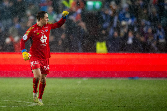 Goalkeeper Oliver Petersen of Molde celebrates the 0-1 goal