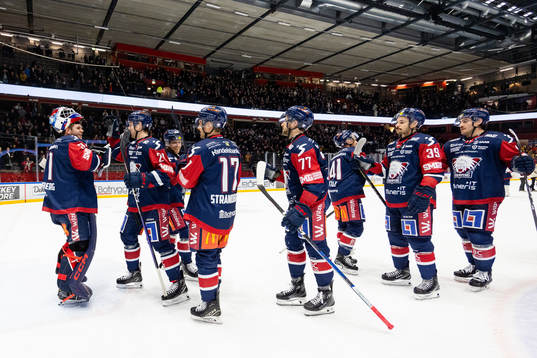 Linköpings spelare jublar med målvakt Jesper Myrenberg