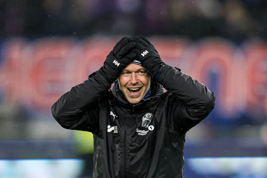 Amund Skiri, head coach of Kristiansund, celebrates