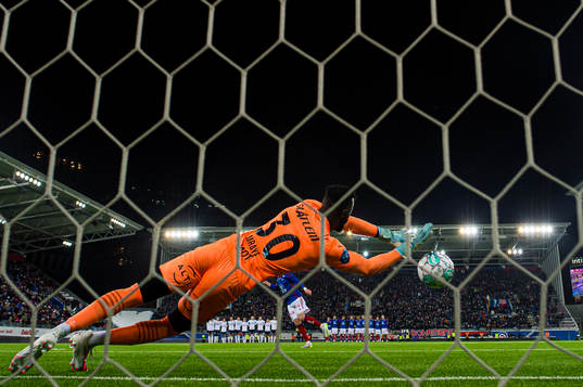 Serigne Mor Mbaye of Kristiansund saves a penalty kick