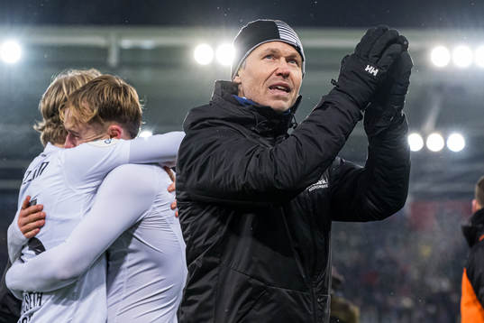 Amund Skiri, head coach of Kristiansund, celebrates