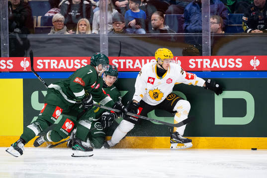 Axel Bergkvist and Patrik Lundh of Färjestad against Simon