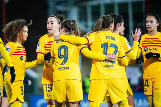 Mariona Caldentey of Barcelona celebrates with team mates