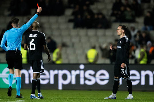 Abdellah Zoubir of Qarabag receives a red card