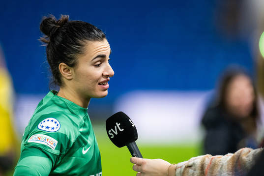 Goalkeeper Zecira Musovic of Chelsea is interviewed