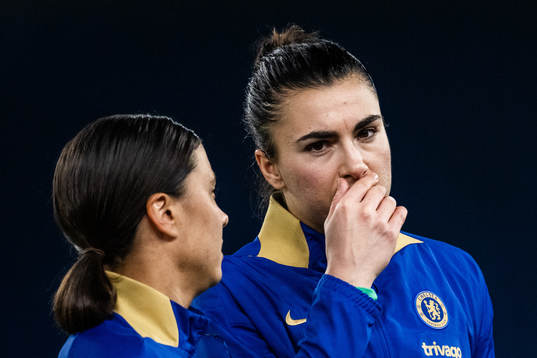 Sam Kerr and goalkeeper Zecira Musovic of Chelsea