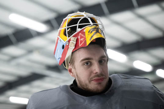 Goaltender Hugo Hävelid of the Swedish under-20 national