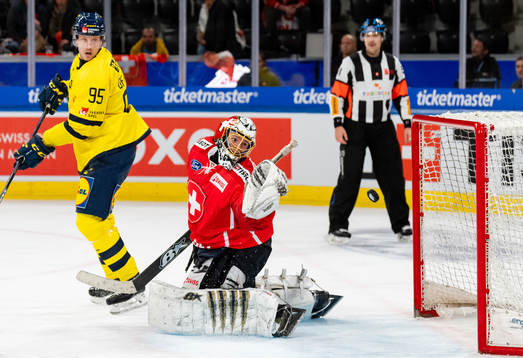 Jacob de la Rose of Sweden and goaltender Leonardo Genoni