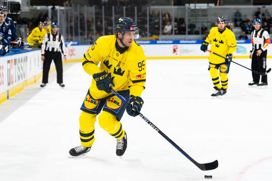 Jacob de la Rose of Sweden in the ice hockey game between