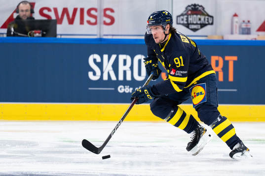 Jesper Olofsson of Sweden in the ice hockey game between