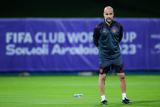 Head coach Pep Guardiola of Manchester City at a training