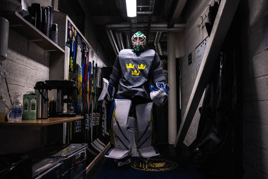 Goaltender Melker Thelin of the Swedish under-20 national