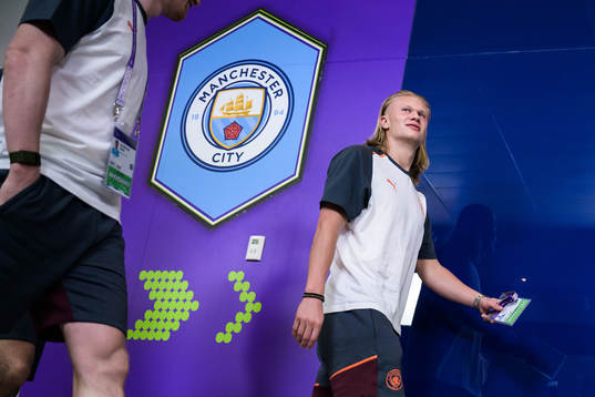 Erling Braut Haaland of Manchester City arrives to the