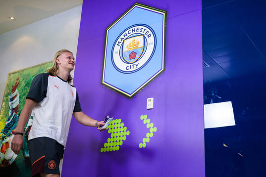 Erling Braut Haaland of Manchester City arrives to the