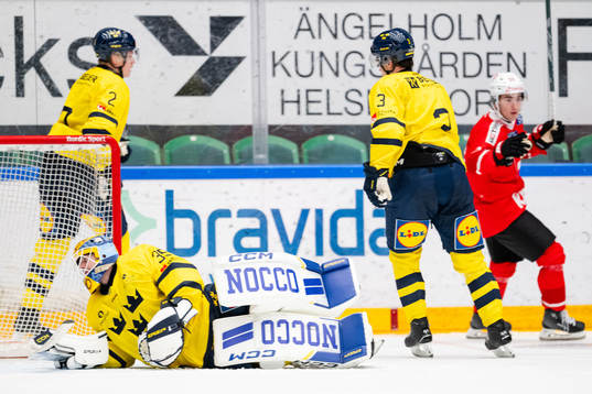 Goaltender Hugo Hävelid of Sweden looks dejected