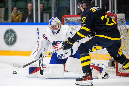 Goaltender Trey Augustine of USA and Anton Wahlberg of