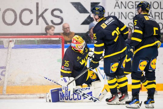Goaltender Hugo Hävelid of Sweden looks dejected
