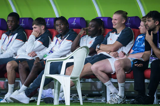 Jeremy Doku, Erling Braut Haaland, and Kevin De Bruyne of