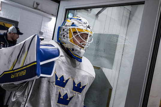 Goaltender Melker Thelin of Sweden at a practice session