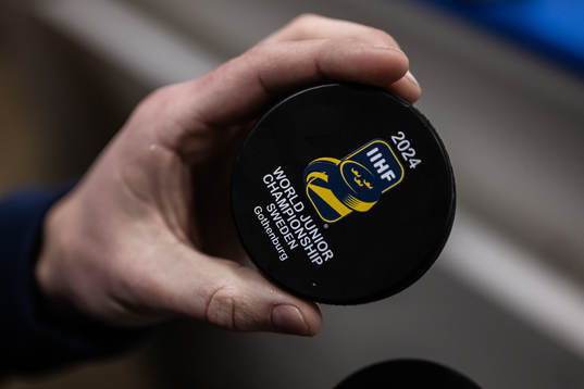 The official game puck of the 2024 IIHF World Junior