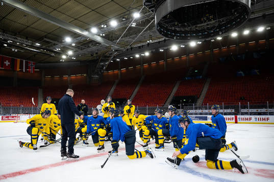 Players of Sweden gather around head coach Magnus Hävelid