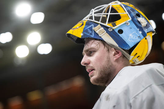 Goaltender Hugo Hävelid of Sweden at a practice session