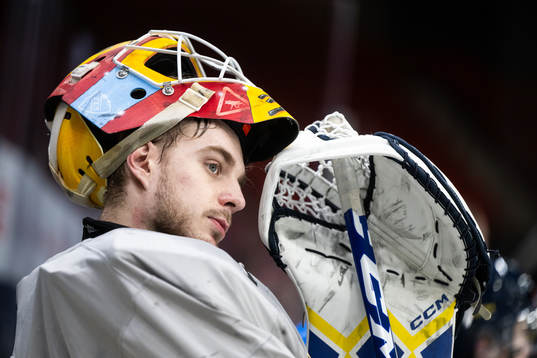 Goaltender Hugo Hävelid of Sweden at a practice session