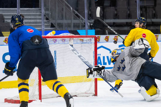Goaltender Hugo Hävelid of Sweden at a practice session