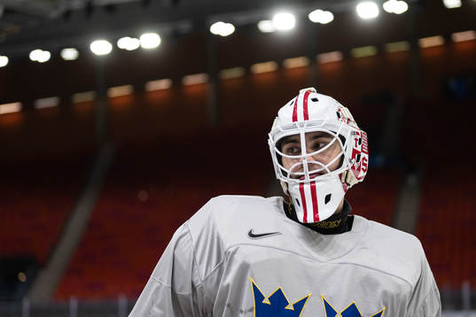 Goaltender Kevin Reidler of Sweden at a practice session