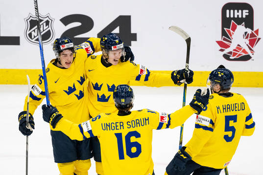 David Edstrom and Filip Bystedt of Sweden celebrate the 2-0