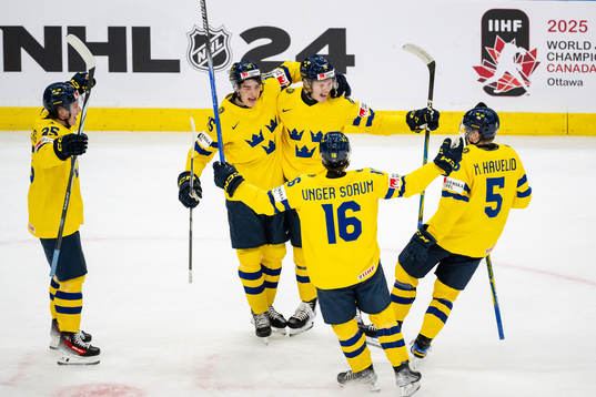 David Edstrom and Filip Bystedt of Sweden celebrate the 2-0