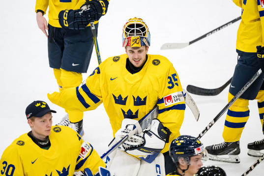 Goaltender Hugo Hävelid of Sweden celebrates