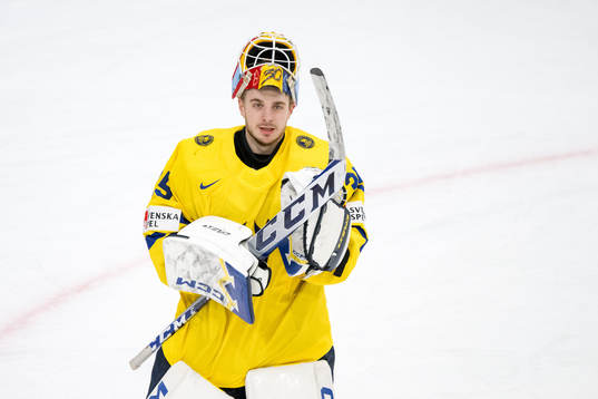 Goaltender Hugo Hävelid of Sweden celebrates