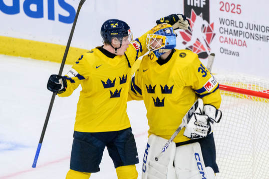 Elias Pettersson and goaltender Hugo Hävelid of Sweden