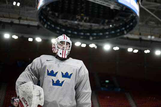 Goaltender Kevin Reidler of Sweden at a practice session