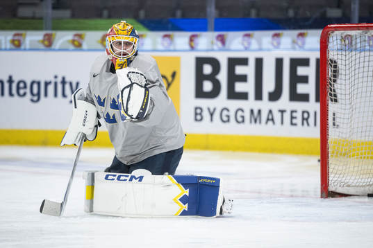 Goaltender Hugo Hävelid of Sweden at a practice session