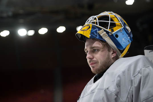 Goaltender Hugo Hävelid of Sweden at a practice session
