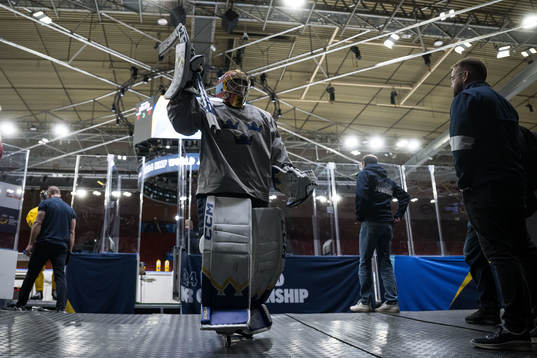 Goaltender Hugo Hävelid of Sweden at a practice session