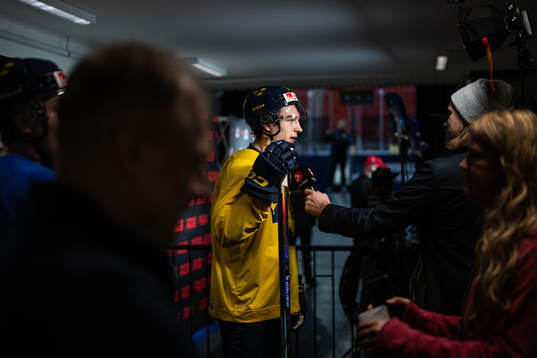 David Edstrom of Sweden speaks with media