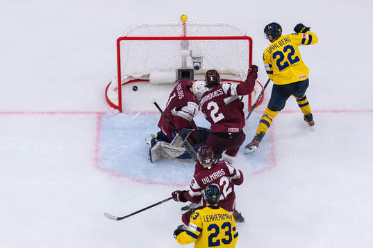 Jonathan Lekkerimäki of Sweden scores the 6-0 goal behind