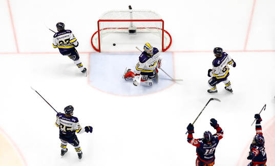HV71s målvakt Frederik Dichow deppar