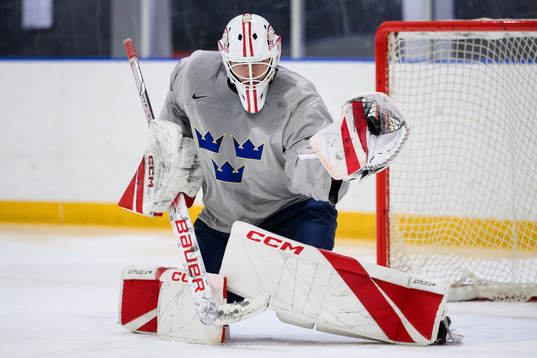 goaltender Kevin Reidler of Sweden at a practice session