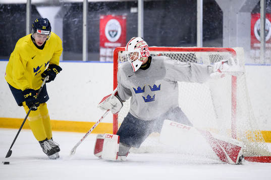 Jonathan Lekkerimäki nd goaltender Kevin Reidler of Sweden
