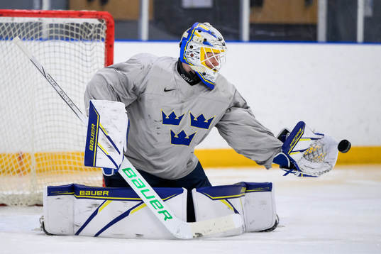 goaltender Melker Thelin of Sweden at a practice session
