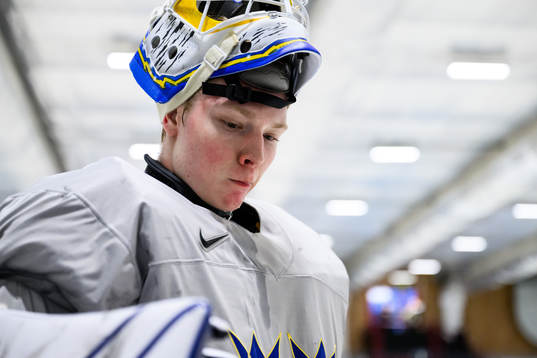 goaltender Melker Thelin of Sweden at a practice session