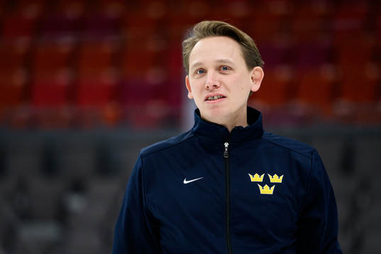 Goaltender coach Viktor Alm of Sweden at a practice session